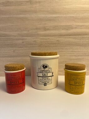 3 Piece Sur La Table Spice/Salt Storage Cellar TerraCotta From Tuscany Cork Lid